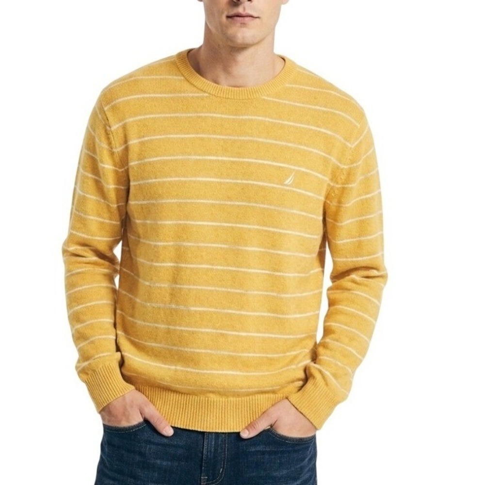 Nautica Mens XXL Striped Crew Neck Sweater Yellow White Casual Preppy Minimalist